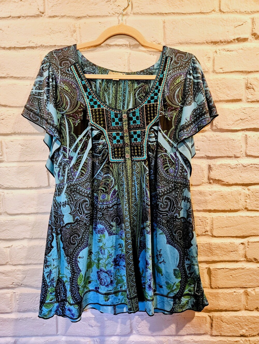 Live and Let Live Blue Boho Paisley Flutter Sleeve Tunic Embroidery Plus Size 1X